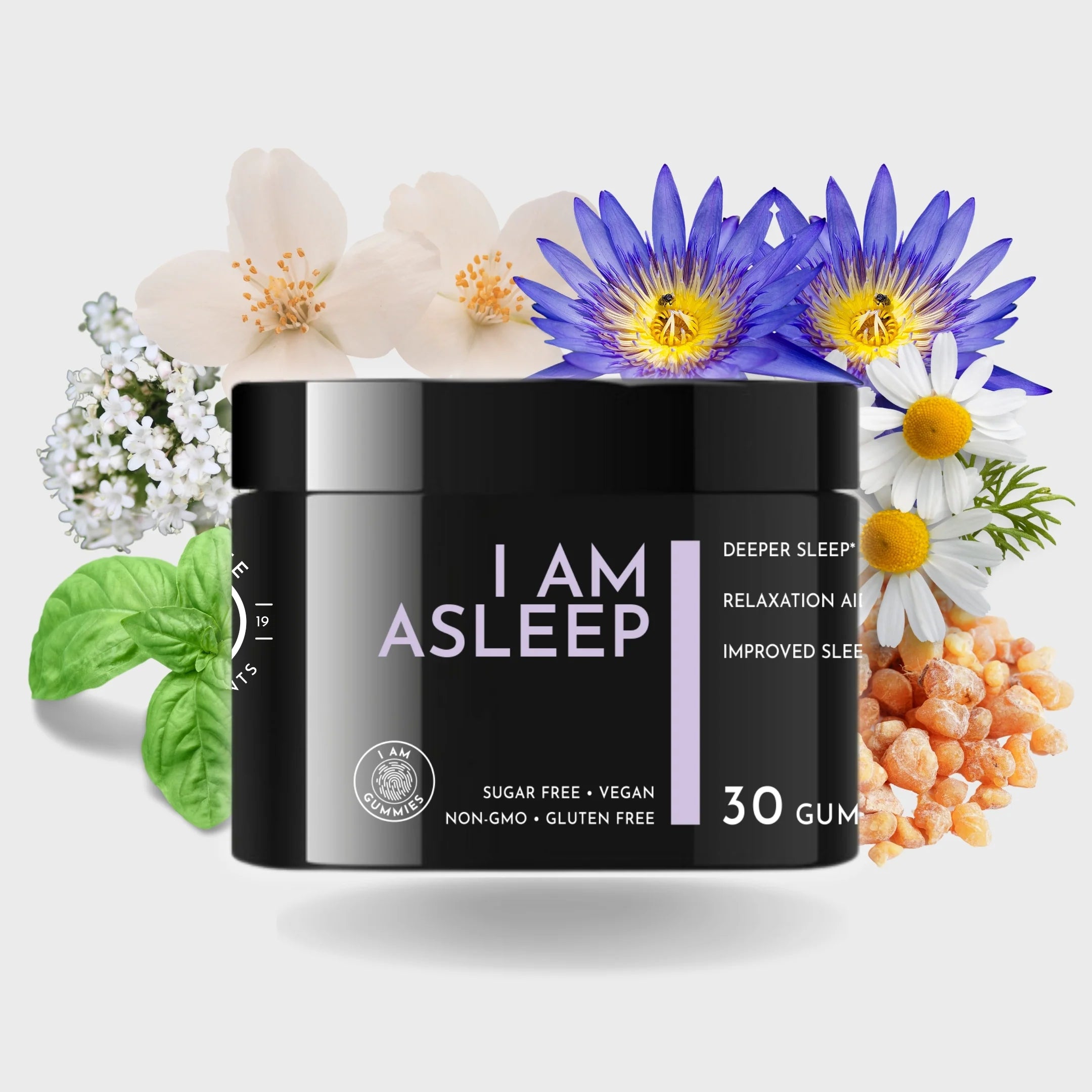Stellenleaf I Am Asleep gummies on a bedside table with soft candlelight — evening botanical sleep ritual