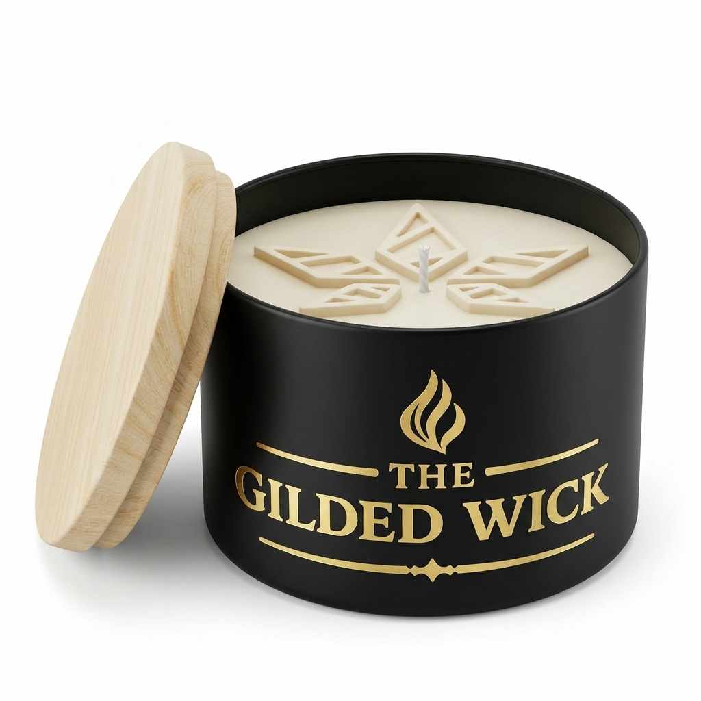 The Gilded Wick x Stellenleaf Ritual Massage Candle 200g — black vessel with gold sculptural wax art | Stellenleaf